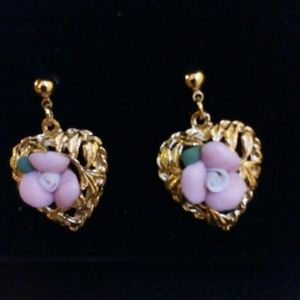 Filigree Blush Rose & Heart Dangling Earrings